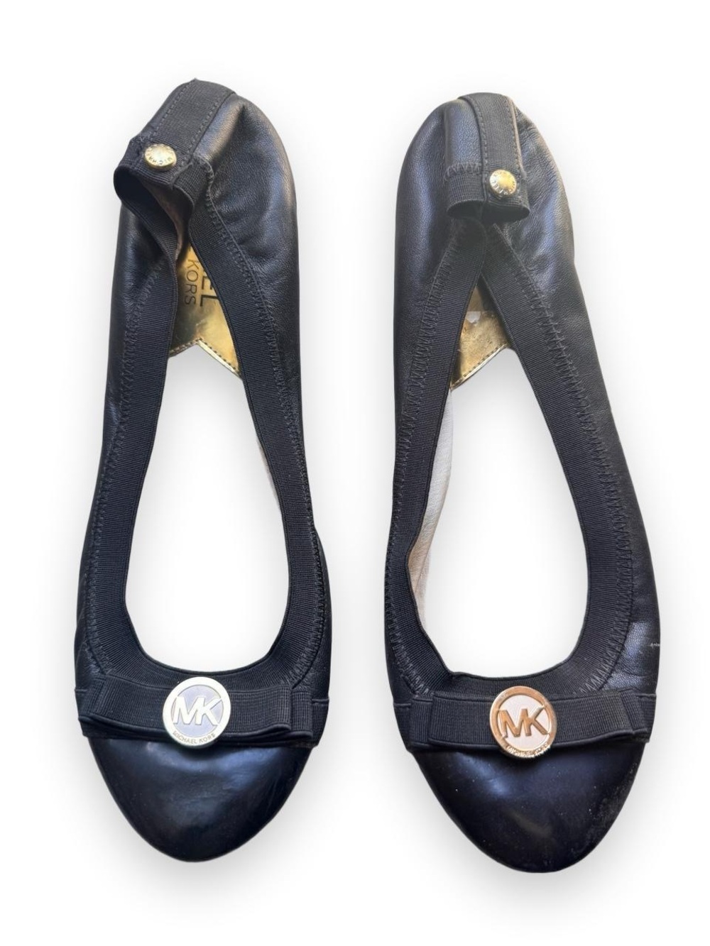 Michael Kors Black Leather Ballet Flats with MK Medallions